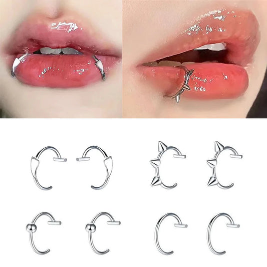 2PCS Trendy 10mm Stainless Steel Punk Clip on Fake Piercing Nose Wrap Lip Rings Women Jewelry